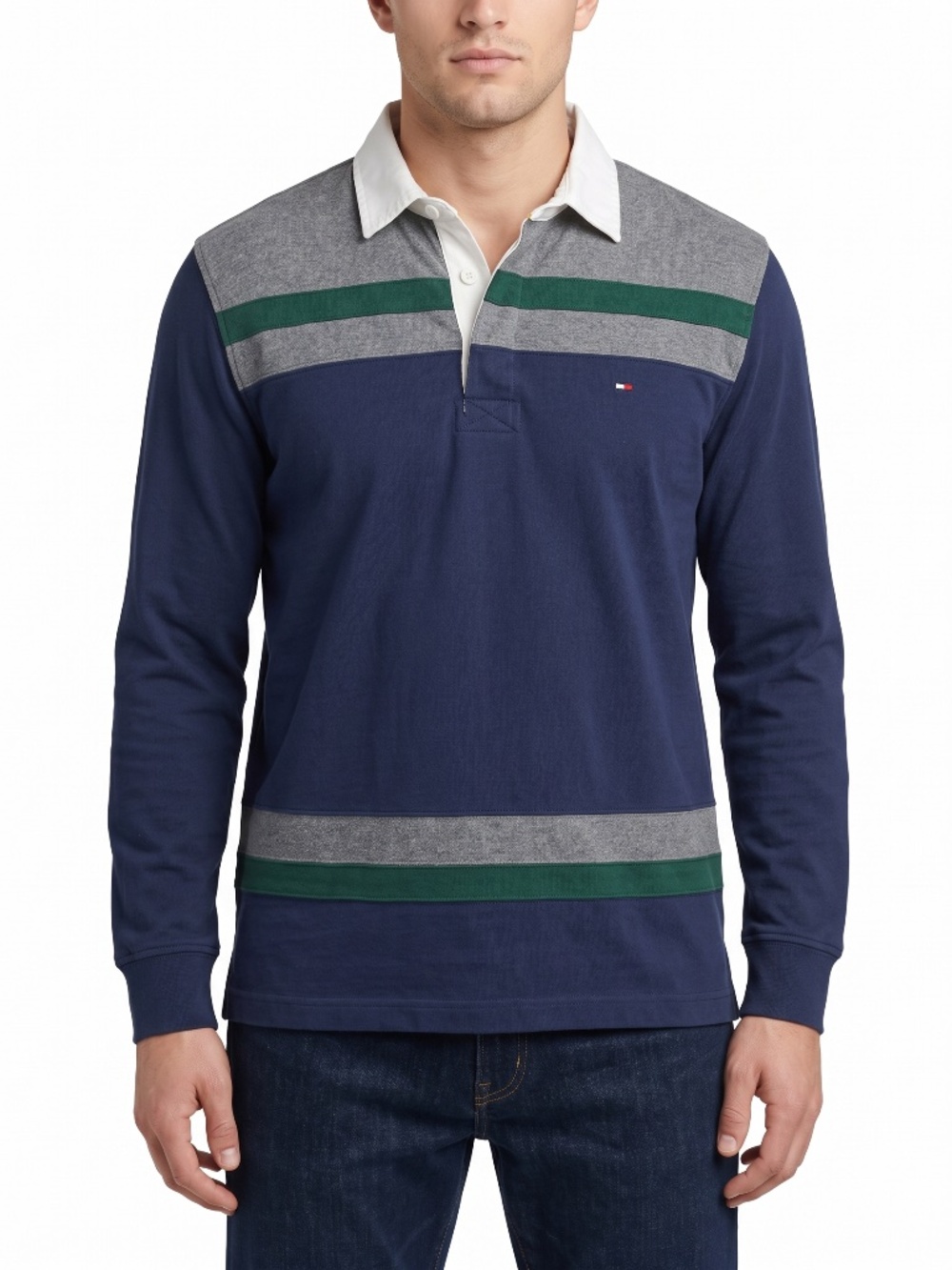 Tommy Hilfiger Rugby Shirt Mens Large Blue Grey Green Stripe Long Sleeve Polo